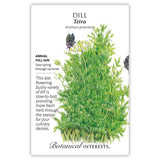 Seed packet for Tetra Dill illustrating a bushy, feathery green plant with yellow flower umbels visited by black-and-white swallowtail butterflies, alongside text noting it's an annual, full-sun, slow-to-bolt variety sown spring through summer.