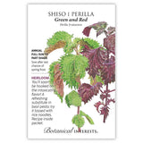 Seed packet for Green and Red Shiso Perilla featuring a detailed illustration of serrated leaves in both bright green and deep burgundy-red, with printed text noting it's an heirloom annual for full sun to part shade, sown after last frost.