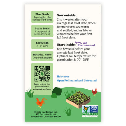 Greek Oregano seed packet with gardening instructions and QR code on a white background