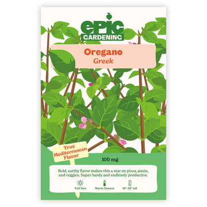 Epic Gardening Greek Oregano seed packet with plant illustration on a white background