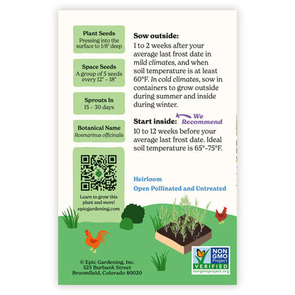 Rosemary seed packet with gardening instructions and QR code on a white background