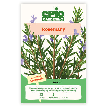 Epic Gardening Rosemary seed packet with illustrations of rosemary leaves and flowers on a white background.