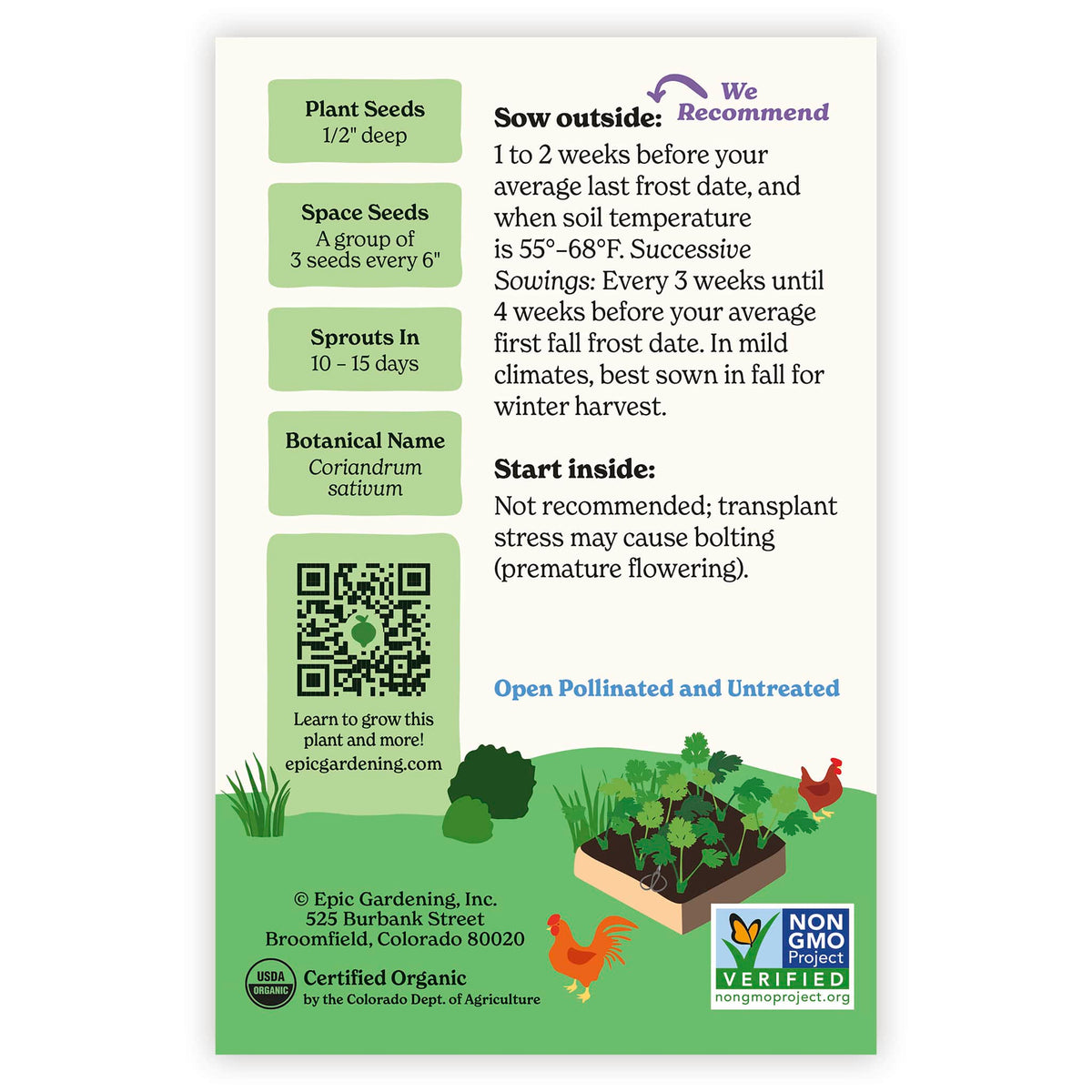 Back of an Epic Gardening USDA Organic Slow Bolt Cilantro seed packet showing planting instructions, sowing guidelines, a QR code, and a garden bed illustration on a plain white background.