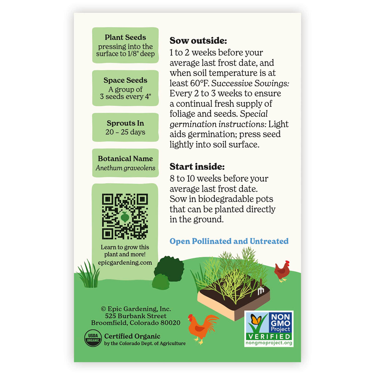 Back of an Epic Gardening USDA Organic Mammoth Dill seed packet showing planting instructions, sowing guidelines, a QR code, and a garden bed illustration on a plain white background.