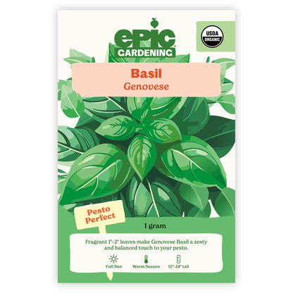 An Epic Gardening USDA Organic Genovese Basil seed packet featuring an illustration of vibrant green basil leaves, a "Pesto Perfect" callout, and 1 gram seed weight on a plain white background