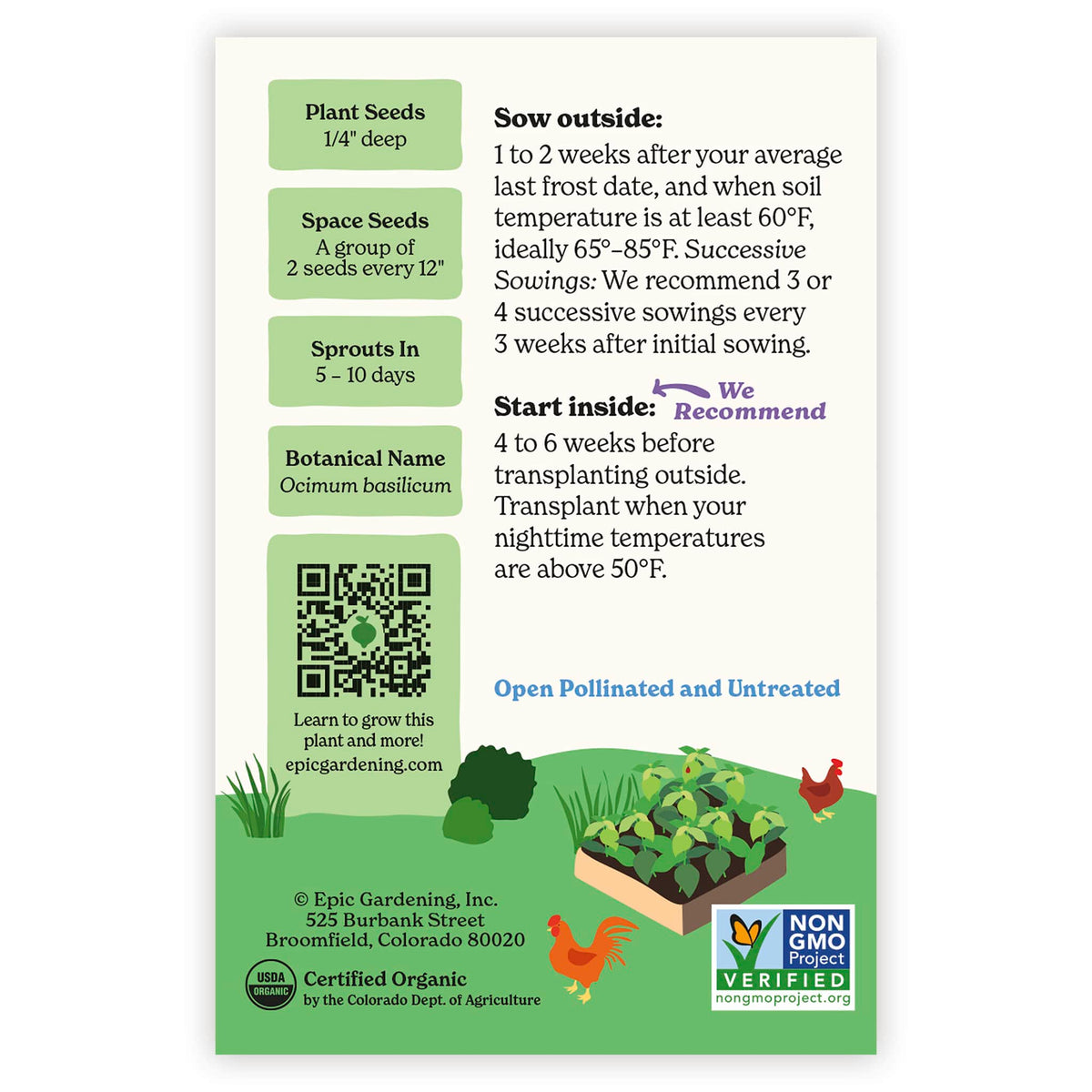 Back of an Epic Gardening USDA Organic Genovese Basil seed packet showing planting instructions, sowing guidelines, a QR code, and a garden bed illustration on a plain white background.