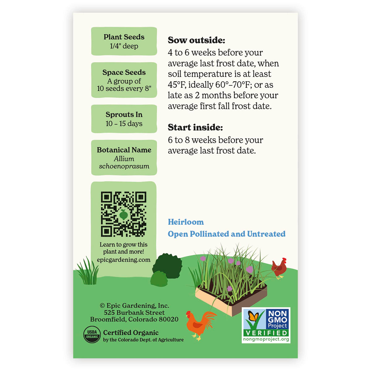 Back of an Epic Gardening USDA Organic Common Chives seed packet showing planting instructions, sowing guidelines, a QR code, and a garden bed illustration on a plain white background.
