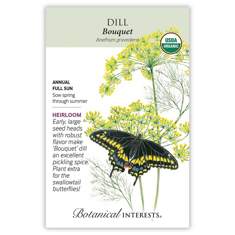 Seed packet for Dill Bouquet with butterfly illustration and growing information.