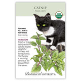 Catnip seed packet with a black and white cat and catnip plant illustration, with growing information. 