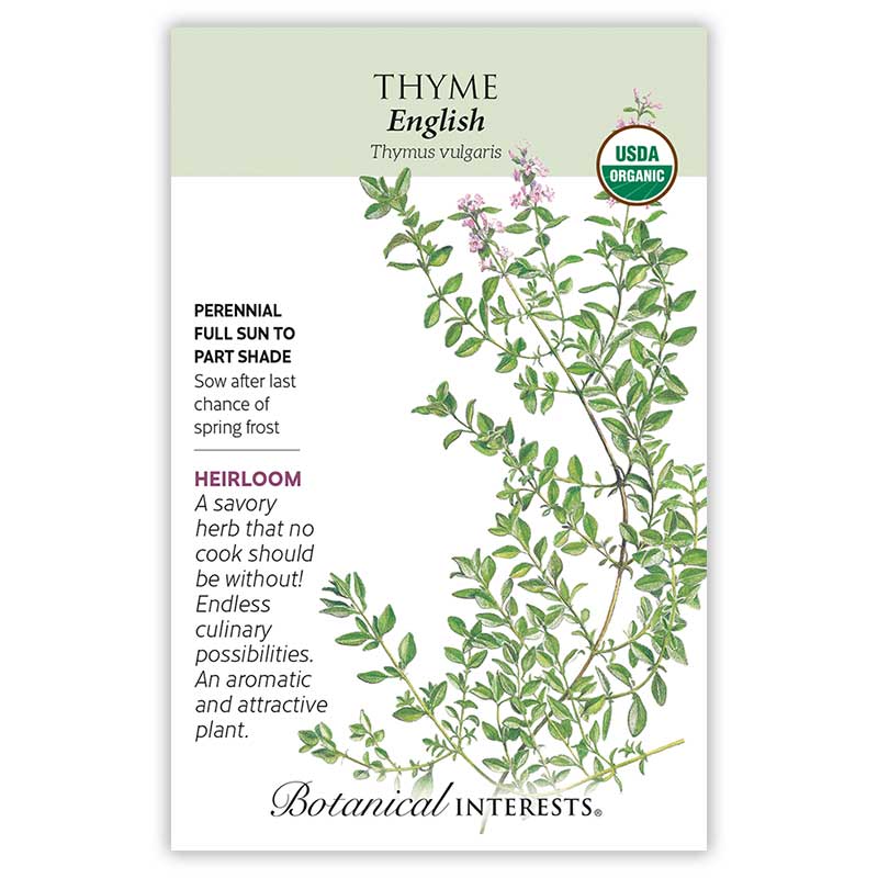 Thyme seed packet with botanical illustration and information