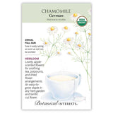 Front of an organic Botanical Interests seed packet for German Chamomile Seeds displaying a USDA Organic seal and botanical information and illustration of chamomile blossoms blooming around a teacup