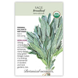 Broadleaf sage seed packet with botanical illustration and botanical information on a white background