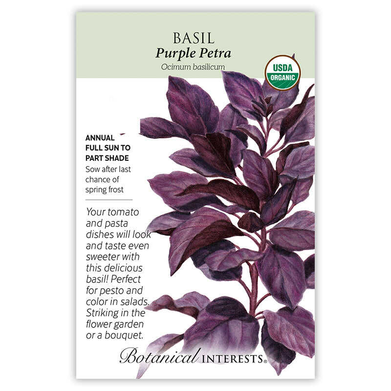 Seed packet for USDA Organic Purple Petra Basil, illustrated with a richly colored deep purple leafy stem, and text noting it's an annual for full sun to part shade, sown after last frost, recommended for pesto, salads, and bouquets.