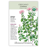 Seed packet for Common Oregano featuring a botanical illustration of leafy stems with small pink flower clusters, plus a USDA Organic seal and printed text noting it's an heirloom perennial for full sun, sown after last frost, described as mild-flavored for pizza sauce, pastas, salsa, and dried arrangements.