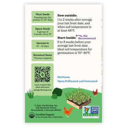 Seed packet of English Thyme with gardening instructions and plant information on a white background