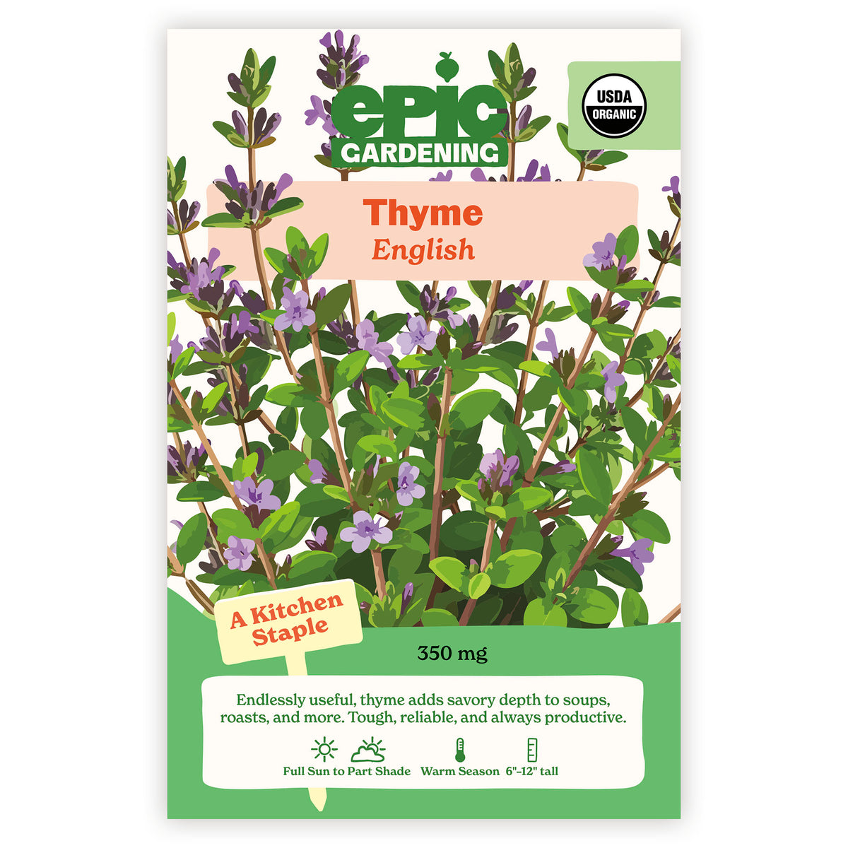 Epic Gardening English thyme seed packet on a white background