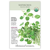 Seed packet for organic Heirloom Watercress featuring a botanical illustration of round, scalloped green leaves on trailing white stems, with text noting it's a perennial for full sun to part shade, sown before last spring frost, prized for its peppery flavor in salads and sandwiches.