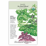 Front of an organic Botanical Interests seed packet for Six Basil Blend Basil Seeds featuring a USDA Organic seal and botanical illustrations of various green and deep purple basil leaves.