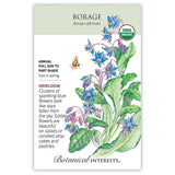 Front of an organic Botanical Interests seed packet for Borage Seeds displaying a USDA Organic seal, heirloom description, and a botanical illustration of star-shaped blue borage flowers with a honeybee landing on a bloom.