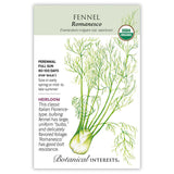 Seed packet for Romanesco Fennel featuring a botanical illustration of the bulbing white base with feathery green fronds, plus text noting it's a perennial, full-sun heirloom maturing in 80-100 days with good bolt resistance.