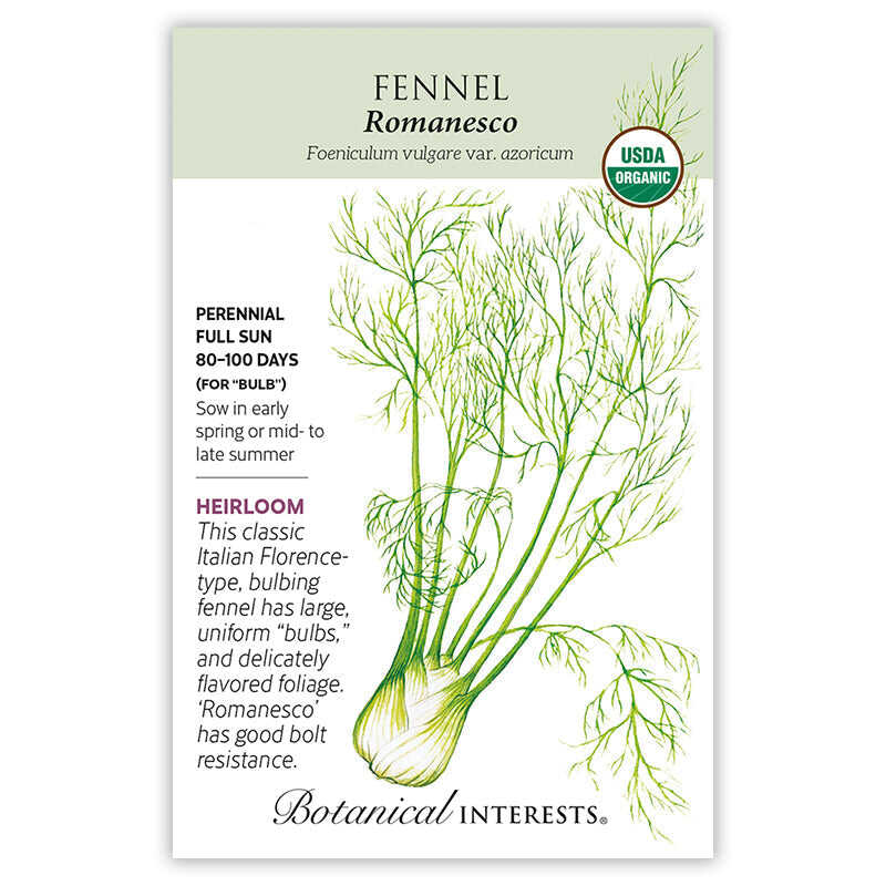 Seed packet for Romanesco Fennel featuring a botanical illustration of the bulbing white base with feathery green fronds, plus text noting it's a perennial, full-sun heirloom maturing in 80-100 days with good bolt resistance.