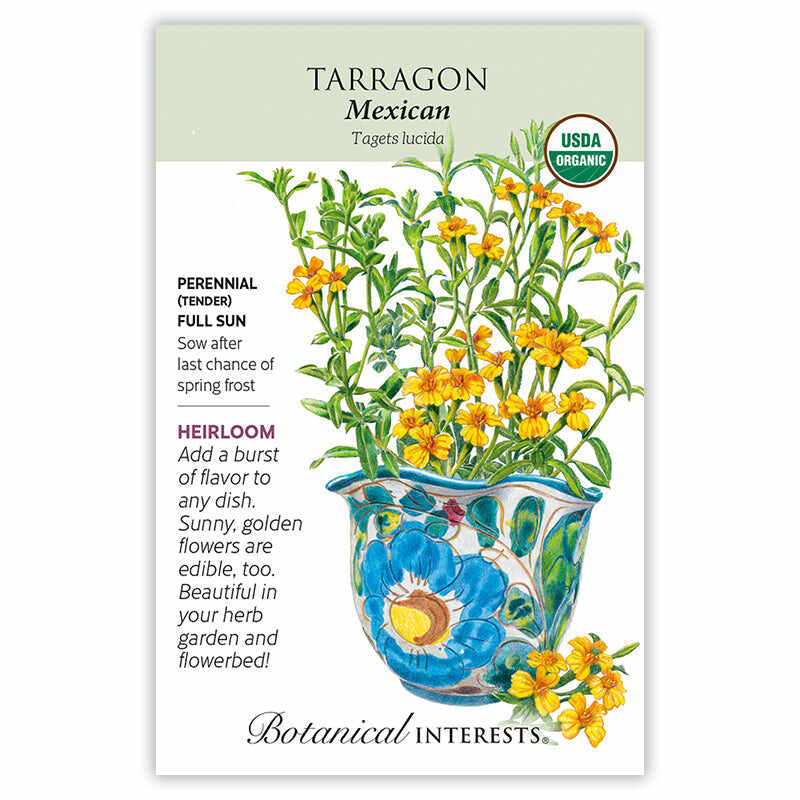 Botanical Interests seed packet for Mexican Tarragon featuring an illustration of small, edible golden-yellow flowers on slender green stems arranged in a blue and white floral-patterned pot, with text noting it's an heirloom perennial for full sun, USDA organic certified.