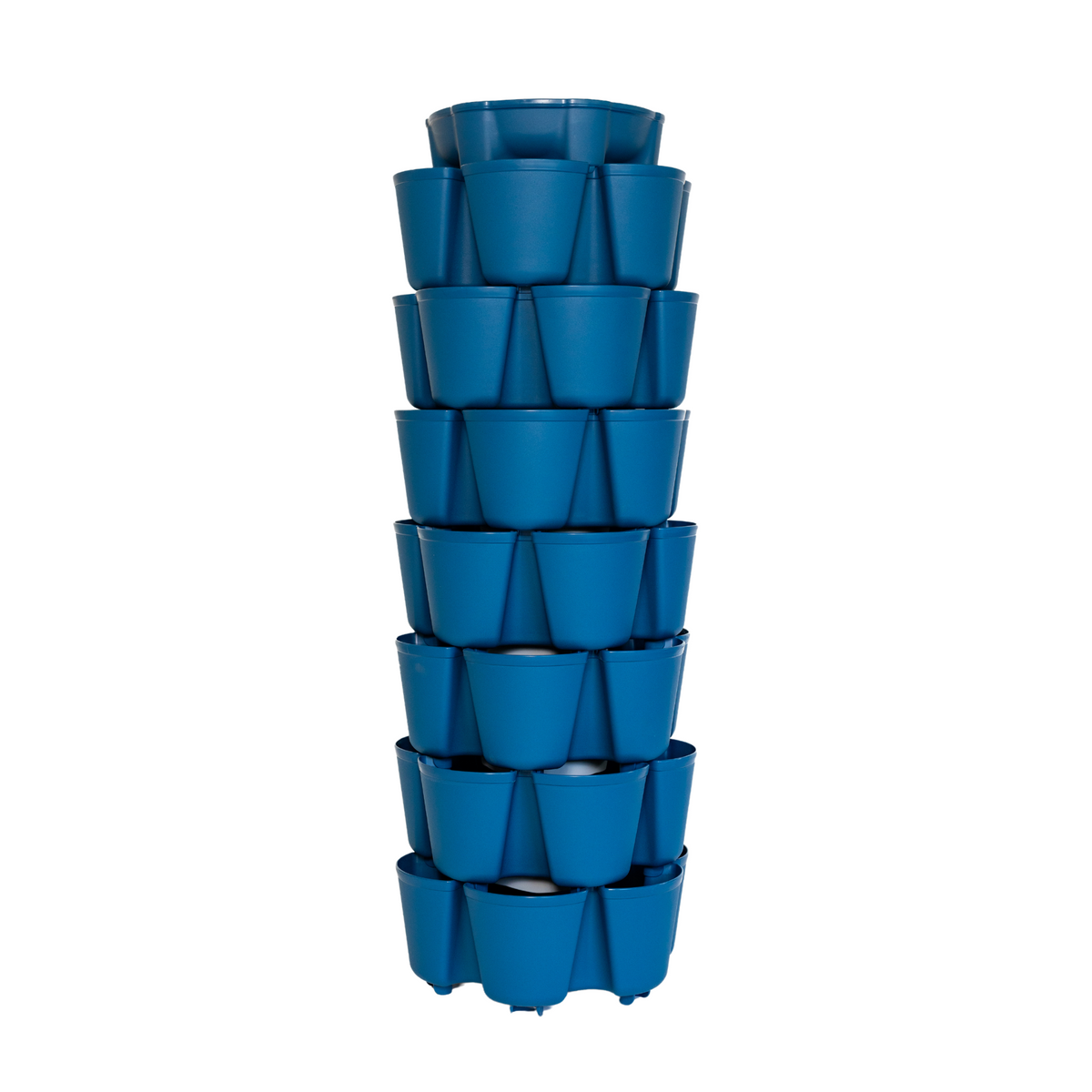 Blue plastic vertical garden planter with seven stacked tiers, each offering multiple angled pockets for planting around its circumference, shown empty on a white background.