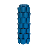 Blue plastic vertical garden planter with seven stacked tiers, each offering multiple angled pockets for planting around its circumference, shown empty on a white background.
