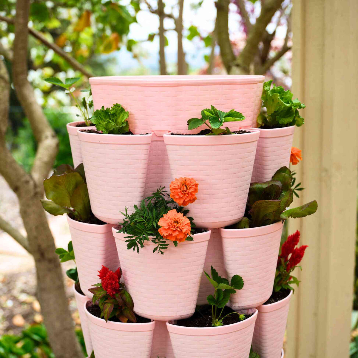 Pink GreenStalk Vertical Planter Basketweave tiers filled with leafy greens and bright flowers outdoors.