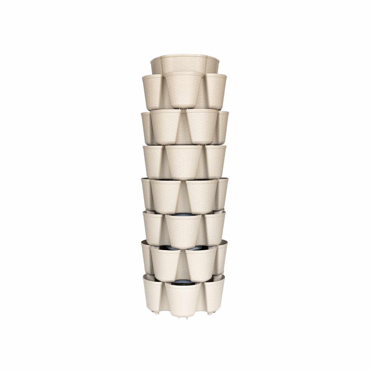Seven-tier stone-colored GreenStalk Vertical Planter Basketweave featuring stacked tiers with six planting pockets each in a basketweave texture finish, studio shot isolated on a plain white background.