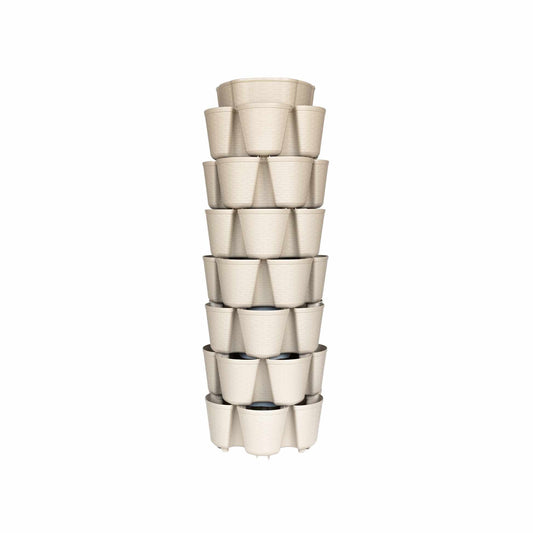 Seven-tier stone-colored GreenStalk Vertical Planter Basketweave featuring stacked tiers with six planting pockets each in a basketweave texture finish, studio shot isolated on a plain white background.