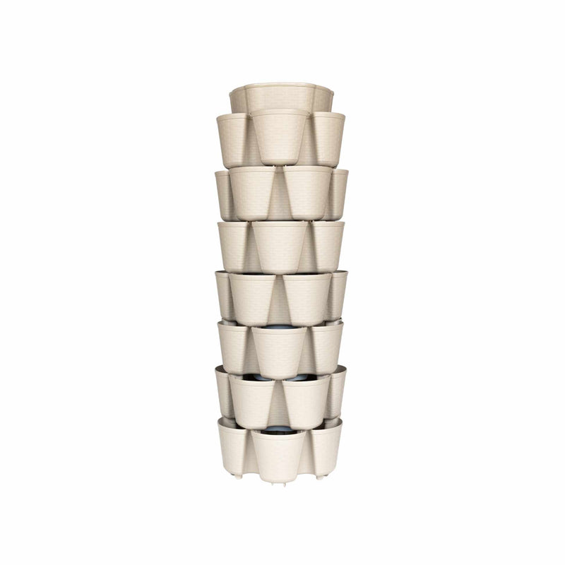 Seven-tier stone-colored GreenStalk Vertical Planter Basketweave featuring stacked tiers with six planting pockets each in a basketweave texture finish, studio shot isolated on a plain white background.