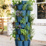 A seven-tier blue GreenStalk vertical planter overflowing with basil, oregano, chives and trailing purple-flowered herbs, standing on a wooden porch beside a white brick wall and window.