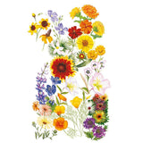 Botanical illustration of the Water-Wise Garden Flower Mix showing an assortment of drought-tolerant blooms including red-and-yellow blanket flower, orange California poppies, purple lupine, white evening primrose, pink and blue wildflowers, and daisy-like coneflowers on a white background.
