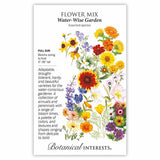 Botanical Interests seed packet for Water-Wise Garden Flower Mix, illustrated with an assortment of drought-tolerant blooms including red-centered gaillardia, marigolds, coreopsis, blue lupine and white flowers, with text noting full sun, spring-to-frost blooming, 4