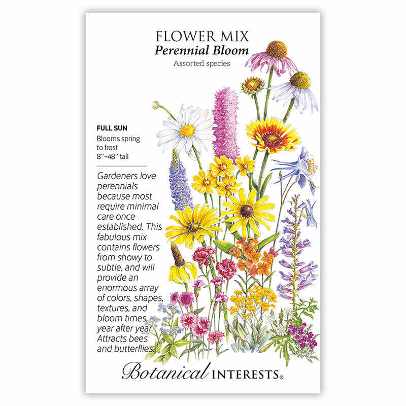 Seed packet for Perennial Bloom Flower Mix illustrated with coneflowers, daisies, coreopsis, columbine, penstemon and other multicolored blooms, with text noting full sun, spring-to-frost flowering, 8–48 inch heights, and a description of the pollinator-friendly assorted species mix.