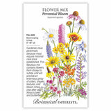 Seed packet for Perennial Bloom Flower Mix illustrated with coneflowers, daisies, coreopsis, columbine, penstemon and other multicolored blooms, with text noting full sun, spring-to-frost flowering, 8–48 inch heights, and a description of the pollinator-friendly assorted species mix.