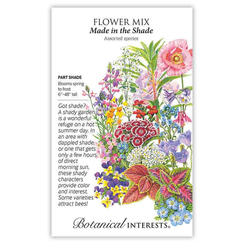 Front of a Botanical Interests seed packet for Made in the Shade Flower Mix Seeds featuring plant details and a detailed botanical illustration of shade-loving flowers and foliage in various colors.