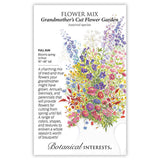 Seed packet for Grandmother's Cut Flower Garden Flower Mix Seeds featuring plant details and a colorful illustration of assorted cutting flowers.