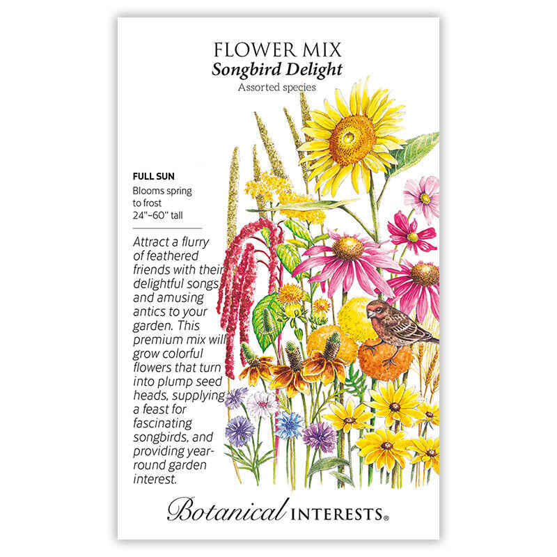 Botanical Interests Songbird Delight Flower Mix seed packet illustrated with sunflowers, coneflowers, amaranth, black-eyed Susans and cornflowers around a perched sparrow, with text noting full sun, 24"–60" height, spring-to-frost blooms, and description of attracting songbirds.