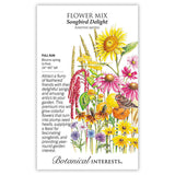 Botanical Interests Songbird Delight Flower Mix seed packet illustrated with sunflowers, coneflowers, amaranth, black-eyed Susans and cornflowers around a perched sparrow, with text noting full sun, 24