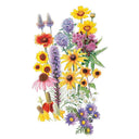 Botanical illustration of the Prairie Splendor Flower Mix showing an assortment of wildflowers including yellow coreopsis, red gaillardia, purple liatris spikes, pink coneflower, black-eyed Susans, white asters, and clusters of purple aster blooms arranged against a white background.