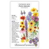 Seed packet for Prairie Splendor Flower Mix illustrated with a colorful array of native prairie blooms including coneflower, blanket flower, coreopsis, blazing star, and asters, with printed text noting full sun, 6–48 inch height, spring-to-frost blooming, and pollinator appeal.