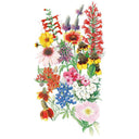 Botanical illustration of a mixed wildflower bouquet featuring pink coneflower, yellow black-eyed Susans, red cardinal flower, blue lupine, white and pink phlox, orange butterfly weed, and a small butterfly, all rendered in detailed watercolor style on a white background.