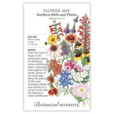 Seed packet for Southern Hills and Plains native wildflower mix, illustrated with coneflowers, bluebonnets, gaillardia, poppies, and other assorted blooms in red, yellow, pink, and purple, with text noting full sun, 6–48 inches tall, blooming spring to frost.