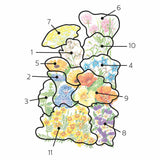 Numbered floral diagram mapping out plant varieties for Edible Beauties Flower Mix Seeds, featuring outlined sections for arugula, bachelor's button, basil, borage, calendula, chives, fennel, Johnny-jump-up, nasturtium, radish, and signet marigold.