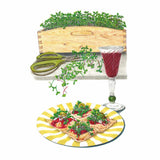 Illustration of Italian Amaro Blend microgreens growing densely in a wooden crop box, with a pair of scissors and cut sprigs beside it, plus a glass of red wine and a striped plate of crackers topped with sauce, olives, and the harvested greens.