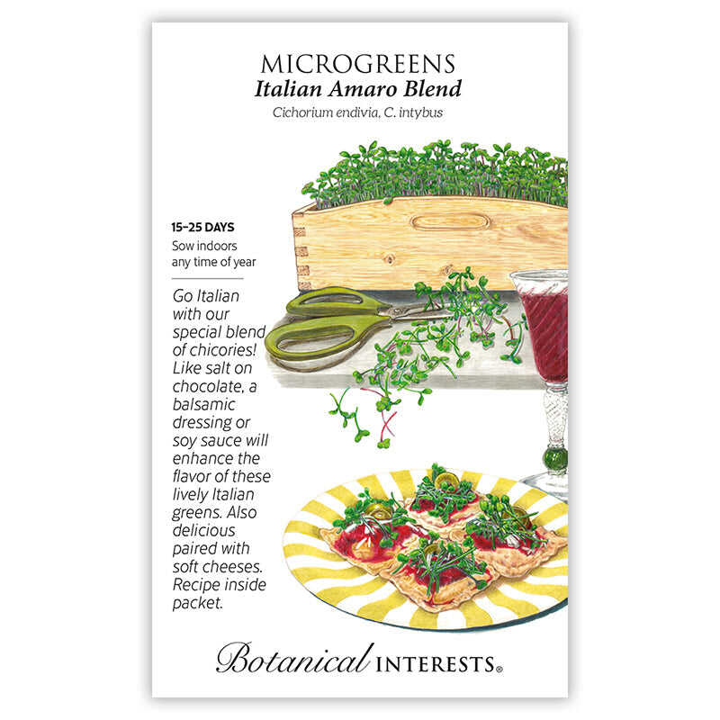 Botanical Interests seed packet for Italian Amaro Blend Microgreens, illustrated with a wooden tray of trimmed chicory microgreens beside scissors, a glass of red wine, and crackers topped with the greens and cheese, with text noting a 15–25 day indoor sowing period and serving suggestions.