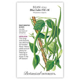 Front of a Botanical Interests seed packet for Blue Lake FM-1K Pole Bean Seeds showing planting instructions, heirloom description, and a botanical illustration of pole bean vines with hanging green pods climbing a wooden pole.