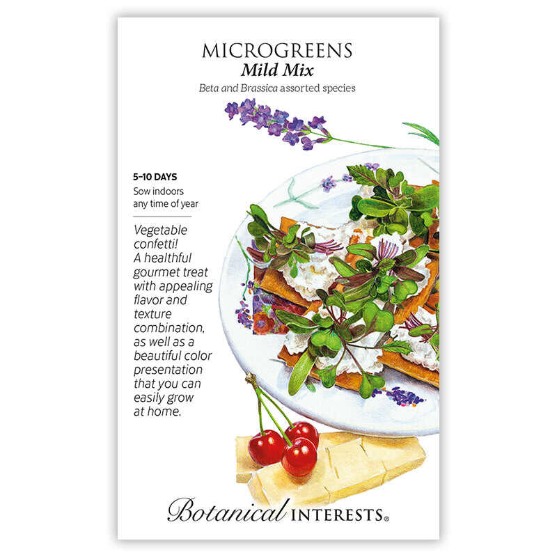 Botanical Interests Mild Mix Microgreens seed packet illustrating a plated dish of crackers, cheese, and cherries garnished with colourful microgreens and lavender, with text noting a 5–10 day indoor sowing period and describing the mix's flavour, texture, and colour.